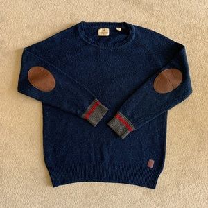 Scotch & Soda Navy Crewneck Sweater with Brown Elbow Patches